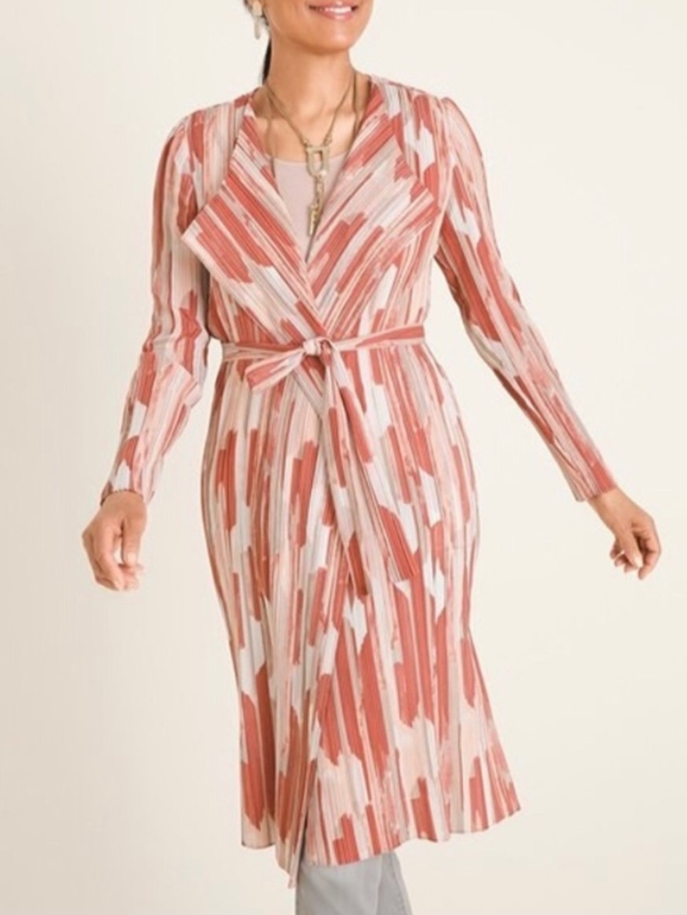 Chicos Travelers Pleated Long Line Belted Cardigan